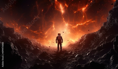 a man in space walking through a glowing space