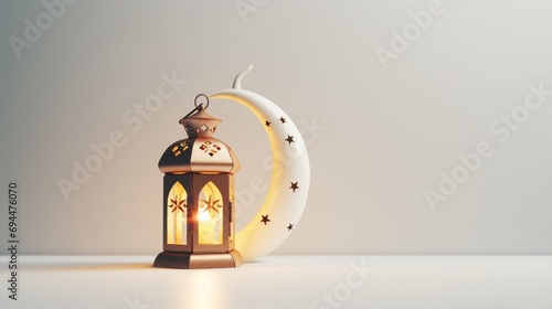 Islamic Background, Lantern, gold crescent moon on white. design concept of ramadan kareem, mawlid, iftar, Isra and miraj or eid al fitr adha, copy space text area, 3D illustration render photo