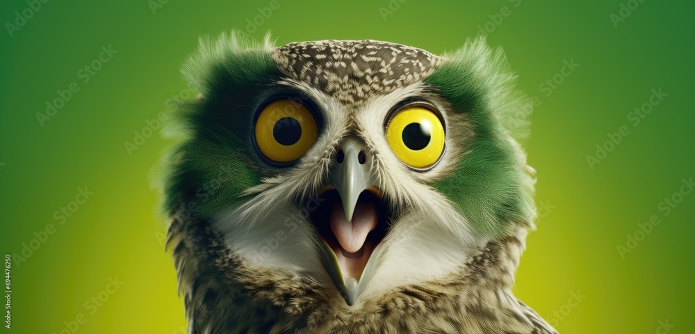 a owl is standing in front of an green background a owl is standing in front of an green background