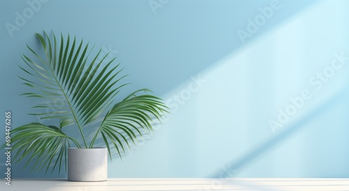 a palm leaf in front of a blue wall