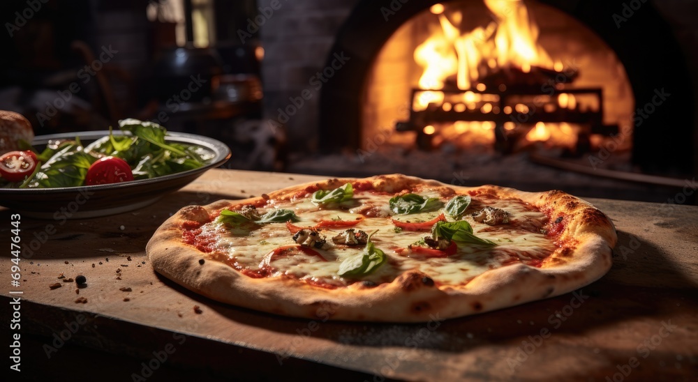 a pizza cooking in a wood burning oven