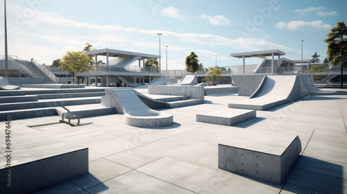 outdoor skatepark with blue sky and grey concrete.