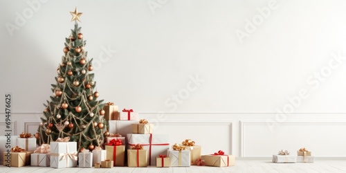 Festive tree, pile of gifts on white wall.