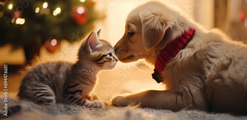 a puppy and kitten both kissed in front of a christmas tree © ArtCookStudio