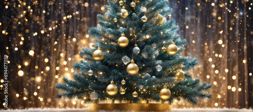 green christmas tree gorgeously decorated with babubles in golden color, bokeh effect in behind, christmas or xmas tree, generative AI