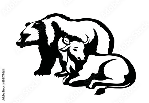 Vector drawing. Cute big cow with bear