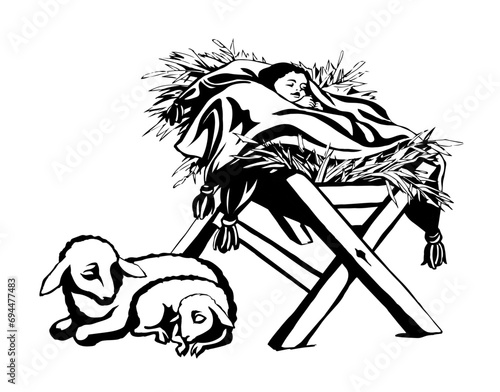 Vector drawing. Baby in a manger