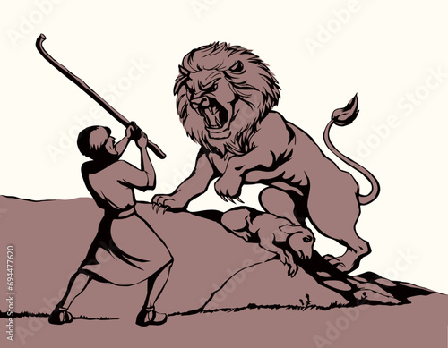 Vector drawing. An angry lion steal sheep