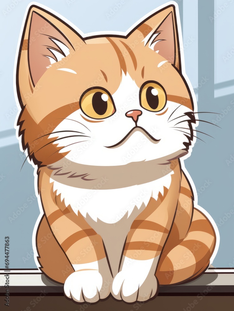 Cartoon sticker kitten looks to the side expectantly on white background isolated, AI Cartoon sticker kitten looks to the side expectantly on white background isolated, AI