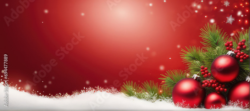 Snow and fir leaf r branches in  a christmas background with red balls in red background  a premium banner in chrismas theme  generative AI