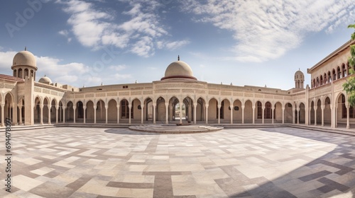 Panorama featuring an Islamic educational institution with a central mosaic podium.
