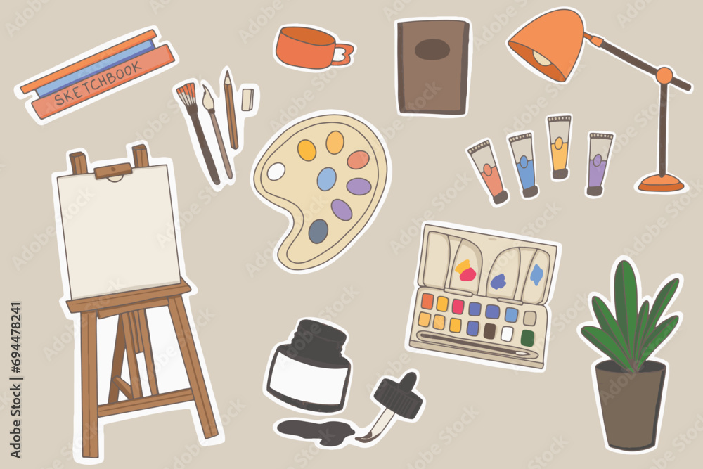 set of artist stickers and art supplies isolated on a light background