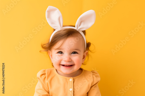 Cute little toddler girl with bunny ears headband on a pastel yellow background,