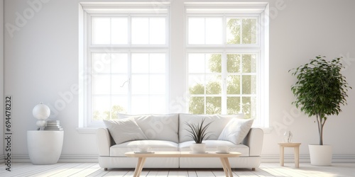 Stylish white home with comfy sofa, armchair, and coffee table by large window