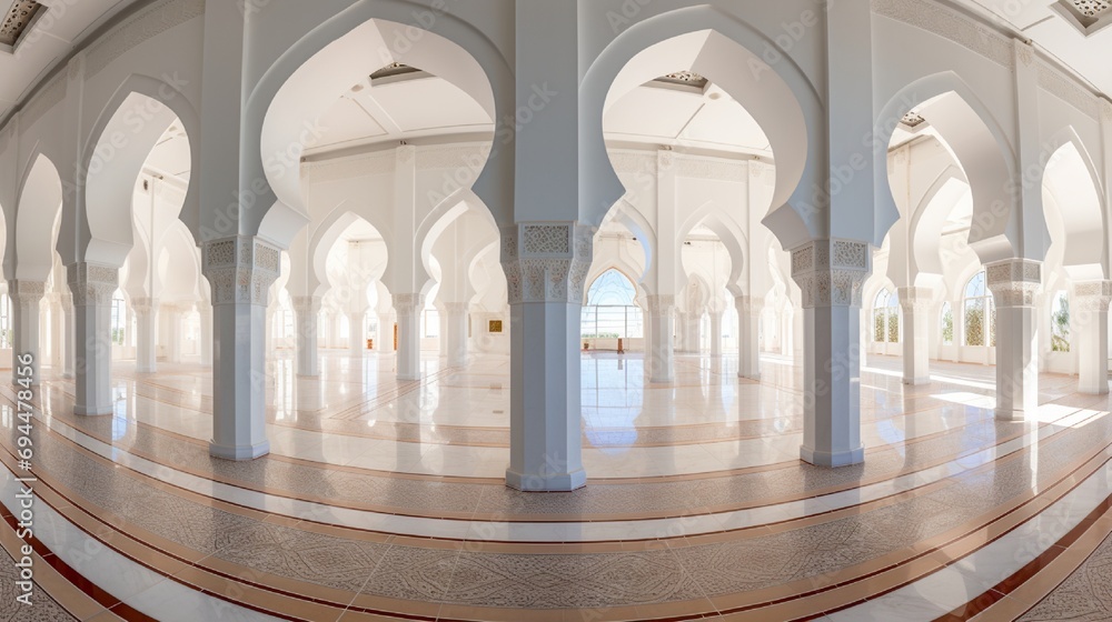 Panoramic shot showcasing a mosque's architectural details, including a mosaic podium.