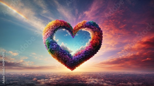  A stunning, multi-dimensional heart floating in the sky, painted with a rainbow of hues and patterns  photo