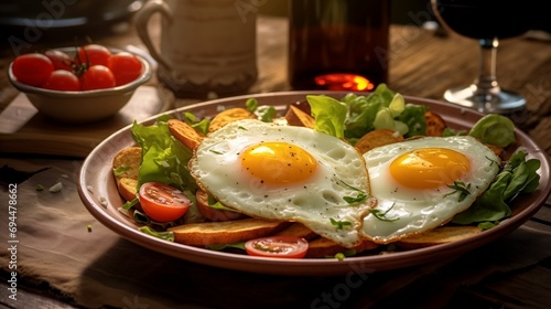 Plate of fried eggs with greens, glass of wine, appetizing meal served in a brasserie restaurant or homemade preparation, tomato salad with toasts and egg, eating lettuce with bread croutons at home