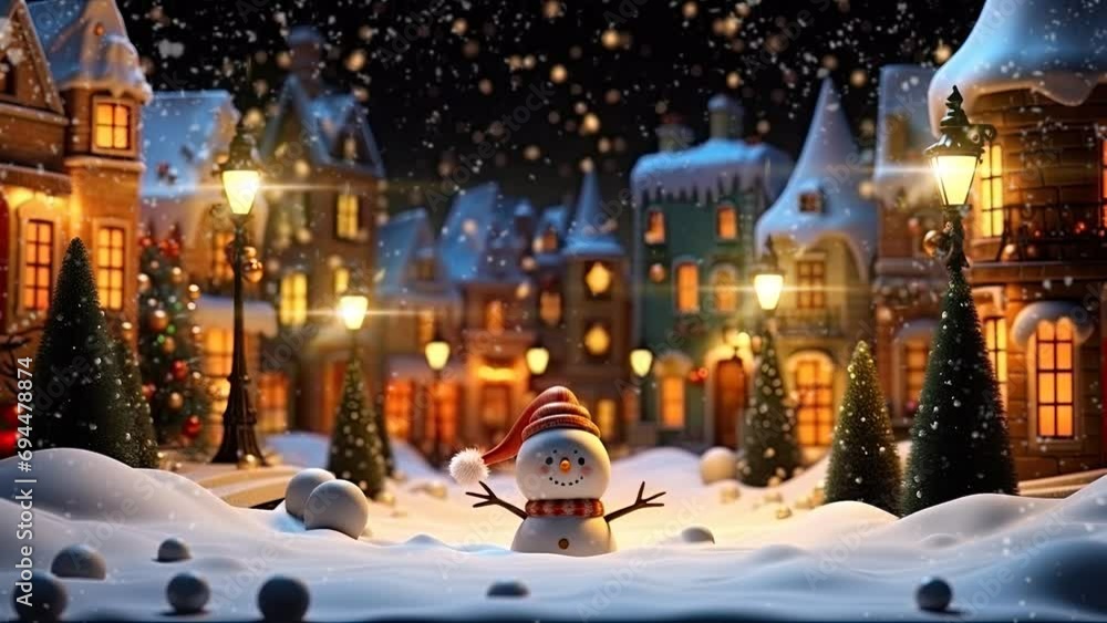 christmas celebration with snowman in the village with snowfall decoration concept. with cartoon style. seamless looping time-lapse virtual video animation background. christmas celebration with snowman in the village with snowfall decoration concept. with cartoon style. seamless looping time-lapse virtual video animation background.