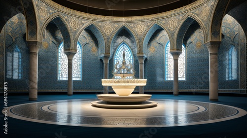 Panoramic view of an intricately designed Islamic mosaic podium in a mosque.