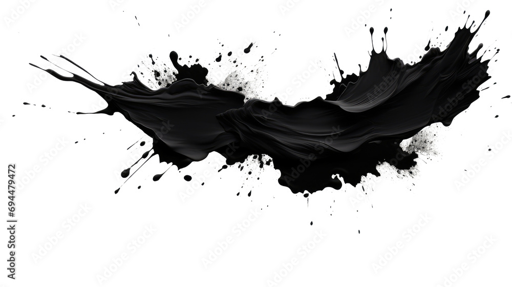 Obraz premium Black paint splash isolated on white transparent background. Dark gray color brush watercolor painting. PNG
