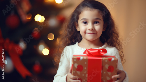 A cheerful girl stands by a festive Christmas tree, holding a gift.