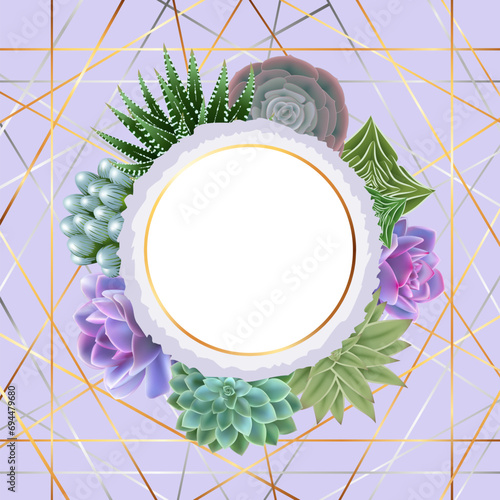 Floral card template with succulent plants, golden, silver grid and round banner. Elegant background for invitation card, save the date, greeting, poster, cover and web design
