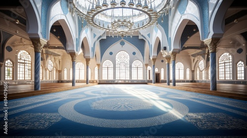 Wide-angle view of a mosque's main prayer hall, emphasizing the central and vivid 3D mosaic podium.