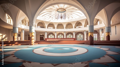 Wide-angle view of an Islamic community center with a central mosaic-adorned podium.