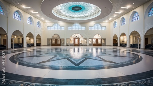Wide-angle view of an Islamic community center with a central mosaic-adorned podium.