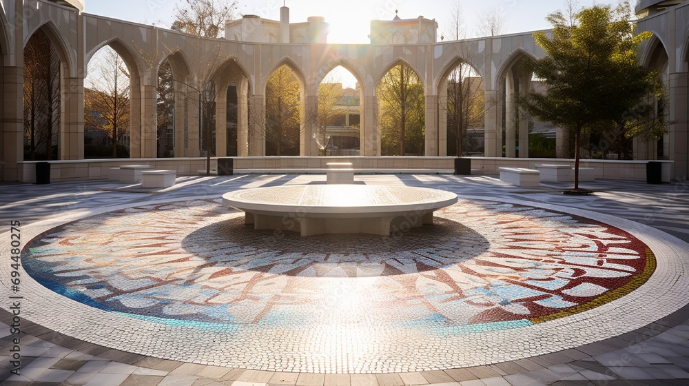 Wide-angle view of an outdoor mosque courtyard with a lively and colorful 3D mosaic podium.