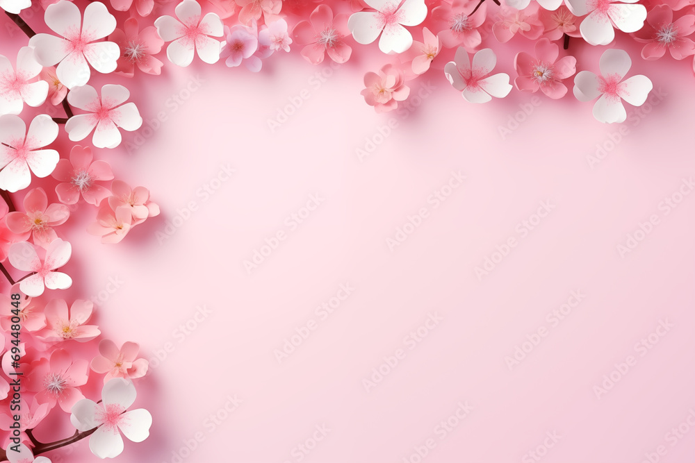 Spring, Sakura Flowers, Pink Background with Text Banner Space. AI generated.