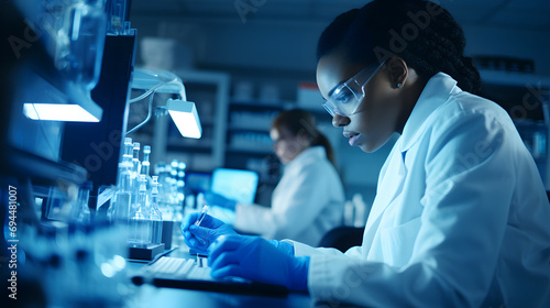 Black female scientist working in a laboratory with gloves photo