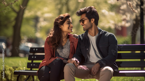 Indian asian couple sitting and smiling on a park bench in the spring time