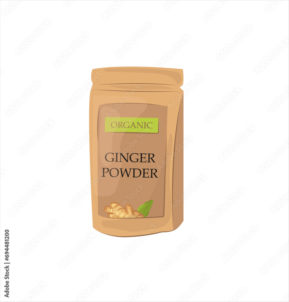 Dry ginger powder in a pack. Ayurvedic remedy and spice for cooking. Isolated cartoon vector illustration.