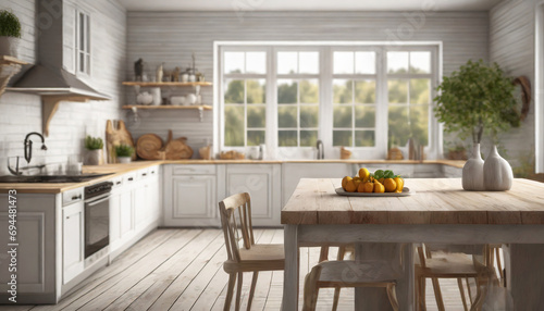 Horizontal photo or background of a bright farmhouse home white kitchen with wooden details and tabletop. ai generated