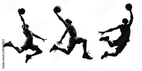 set of silhouette illustration a basketball player performing a slam dunk