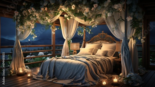 Within a dreamy canopy bed bathed in moonlight, a couple shares quiet moments of tenderness and affection, cocooned in soft linens and surrounded by an aura of serene romance