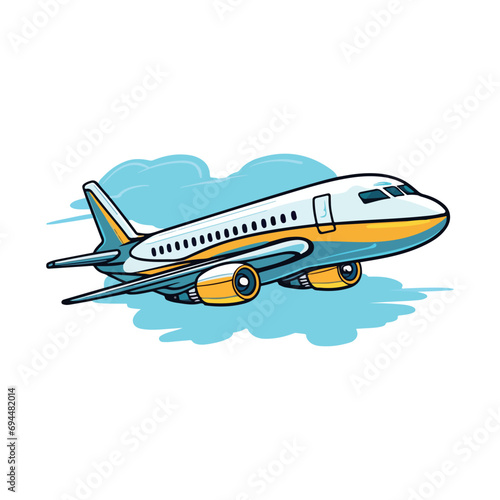 Vector Illustration of a stylized airplane with yellow and blue colors on a cloud background