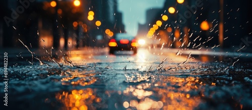 Car headlights illuminated the rainy city streets, with water splashing and spilling on the close-up pavement. photo