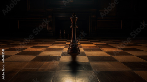A single chess piece, a king, stands abandoned in the middle of an otherwise empty board, in a dimly lit room.