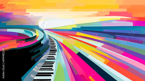 An abstract, colorful depiction of a highway transforming into a piano keyboard, marrying travel with music.