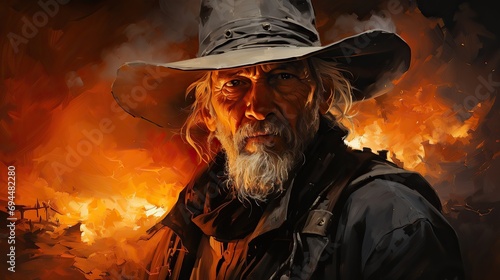 Rugged frontiersman faces flames, undaunted and fierce photo