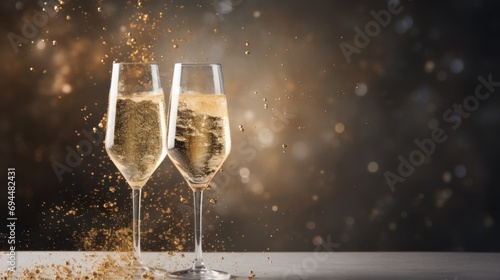  a couple of glasses filled with champagne sitting on top of a table next to a glass filled with gold liquid.