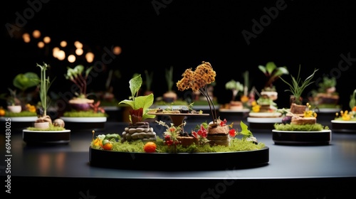  a table topped with lots of different types of plants and animals on top of small trays filled with plants.