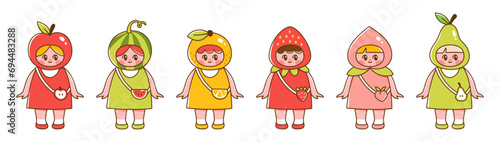 Cute kids in fruit and berry costumes. Vector illustration of girls dressed up as apple, pear, peach, watermelon, strawberry and orange. Fruit mascots in cute cartoon style.