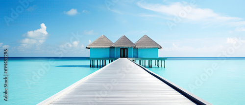 tropical minimalist mockup. Luxury panoramic view at exotic resort on turquoise seascape background. Bungalow, villas on beautiful beach on the ocean. Spa, leisure, concept. Generative ai