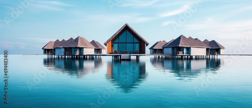 Fototapeta Naklejka Na Ścianę i Meble -  tropical minimalist mockup. Luxury panoramic view at exotic resort on turquoise seascape background. Bungalow, villas on beautiful beach on the ocean. Spa, leisure, concept. Generative ai