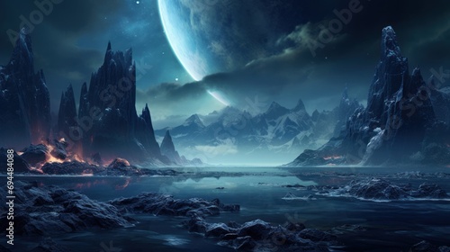  a sci - fiish landscape with mountains, rocks, and a distant star in the sky above a body of water.