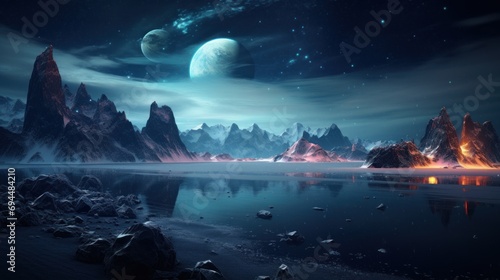  a large body of water surrounded by mountains under a sky filled with stars and a distant planet in the distance.