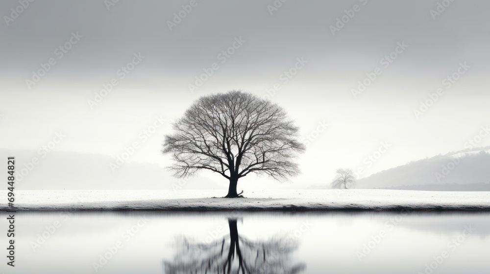  a black and white photo of a lone tree in the middle of a field with a lake in the foreground. - obrazy, fototapety, plakaty 
